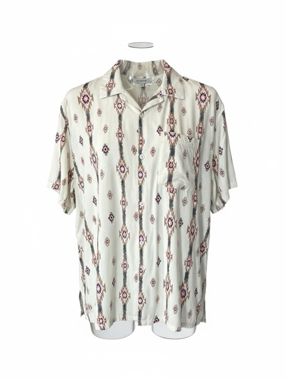 No Boundaries Cream Short-Sleeve Button Down with Pink and Gray Aztec Print